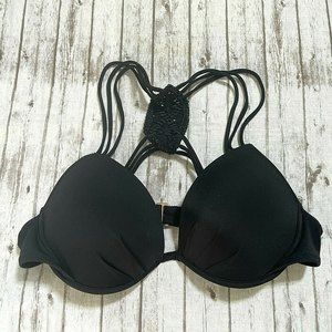 Victoria's Secret Swim Top Sz 34B The Fabulous Crochet Racerback Black Padded